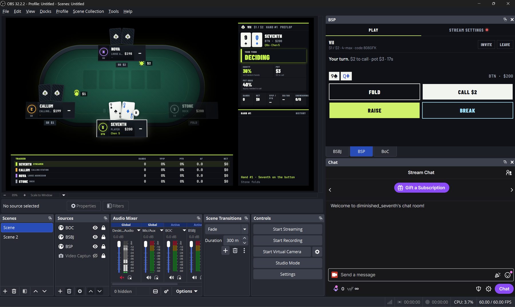 The full OBS window: the Blindspot Poker overlay in the preview, BSP and BSBJ browser sources, the audio mixer, and the Blindspot dock with Fold, Call, Raise and Break