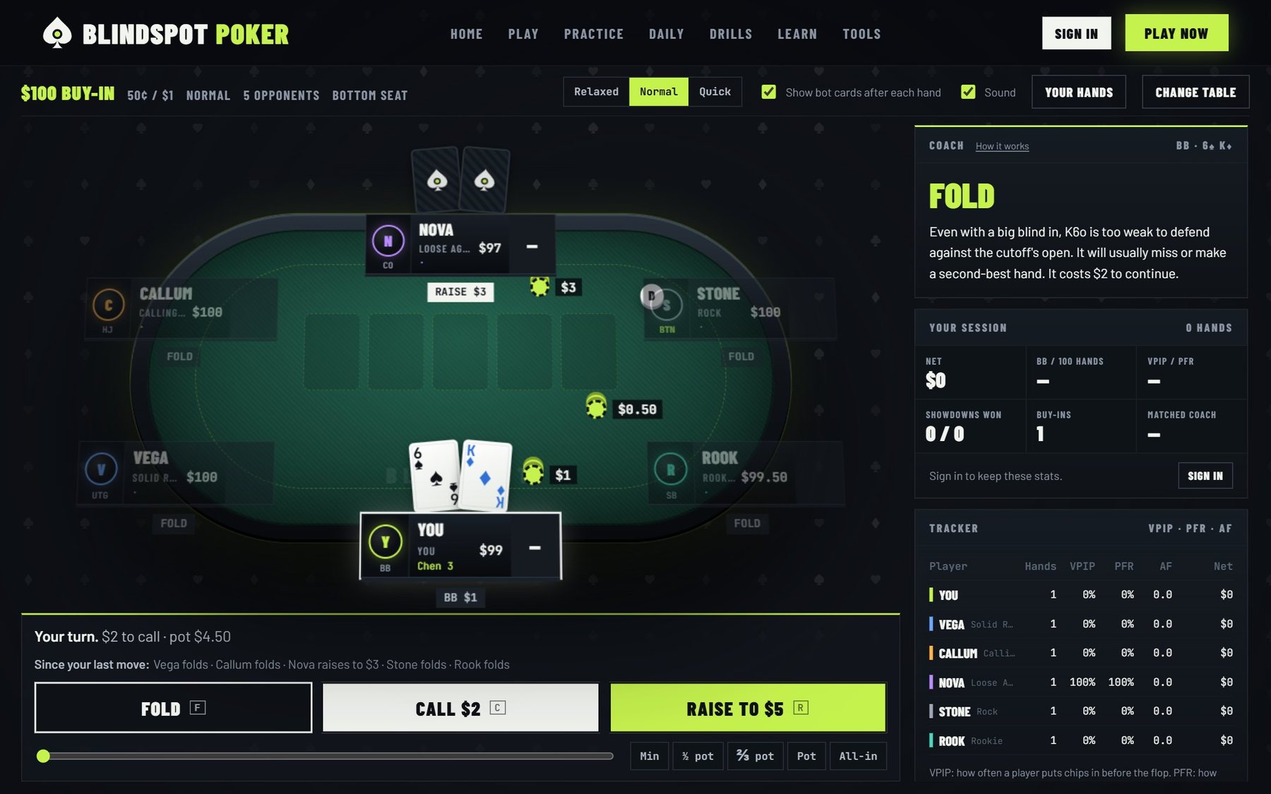 Practice table with the coach advising FOLD: K6 offsuit is too weak to defend the big blind against the cutoff's open