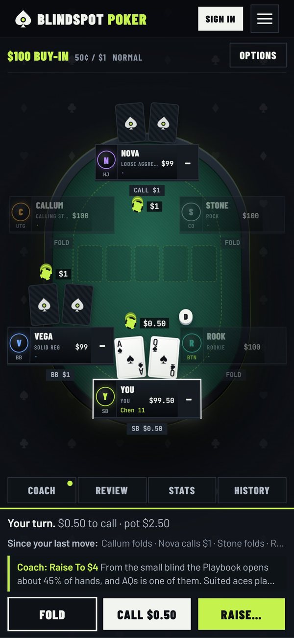 The practice table on a phone with the coach's advice above the buttons
